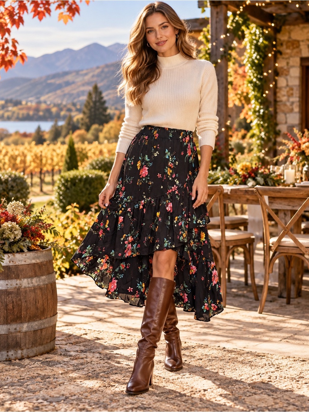 šFloral Ruffle Asymmetrical Skirt in Black